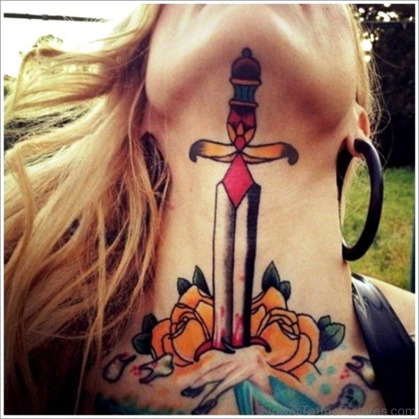 Cool Dagger With Rose Tattoo On Neck