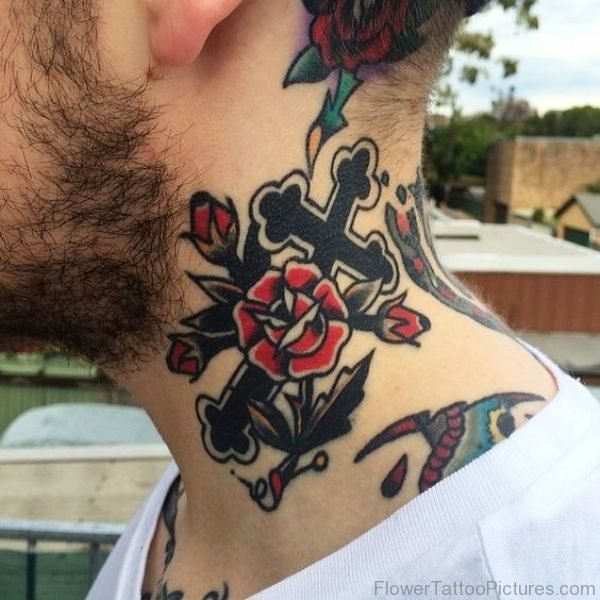 Cross And Rose Neck Tattoo Design