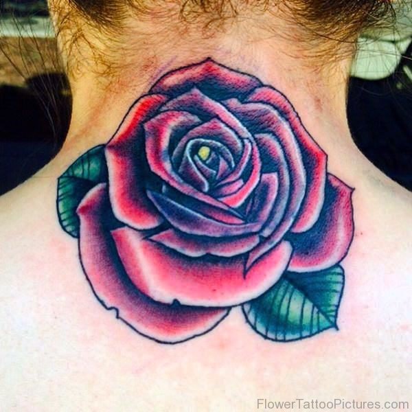 Cute Pink Rose Tattoo On Neck Back