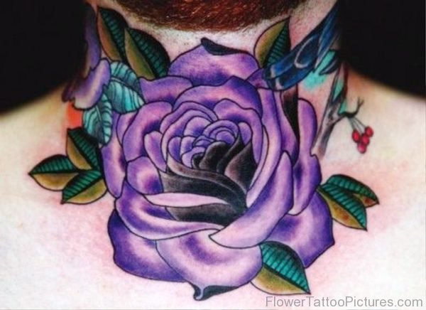 Cute Purple Rose Tattoo On Neck