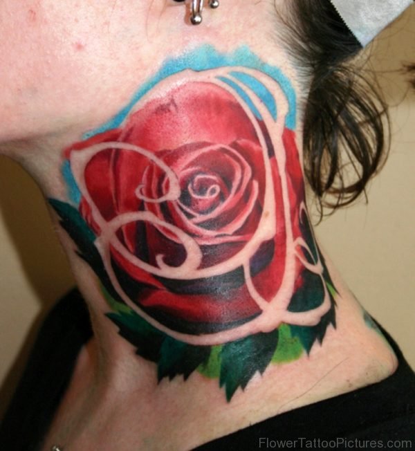 Cute Red Rose Neck Tattoo