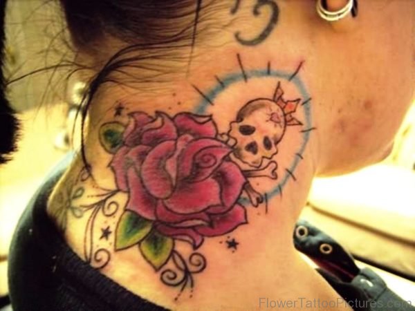 Cute Rose And Skull Tattoo On Neck