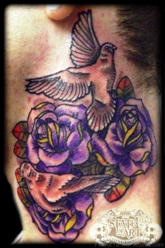Dove And Roses Tattoo On Neck