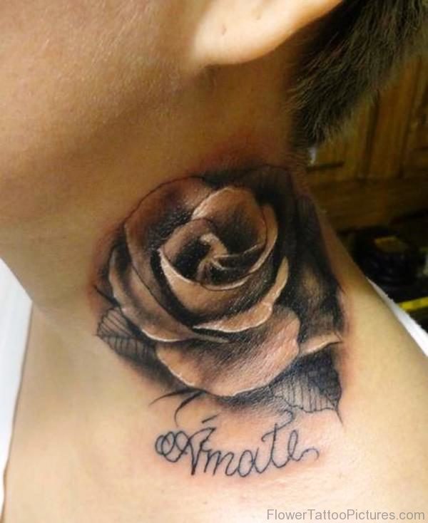 Elegant Black Rose Neck Tattoo Design