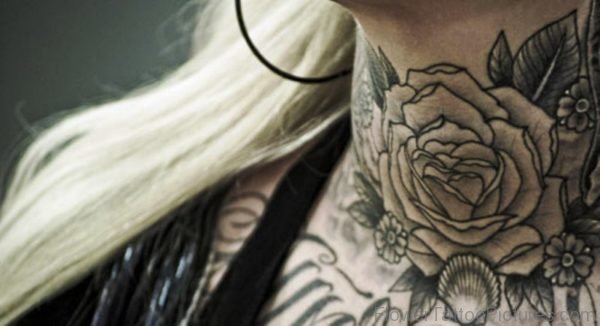 Elegant Black Rose Tattoo On Neck