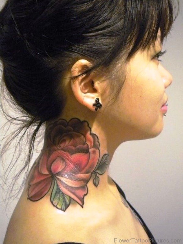 Elegant Red Rose Tattoo On Neck