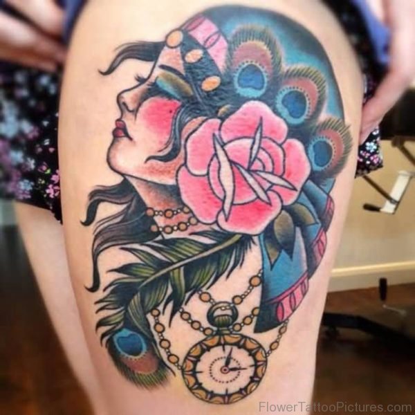 Feather And Flower Tattoo On Thigh