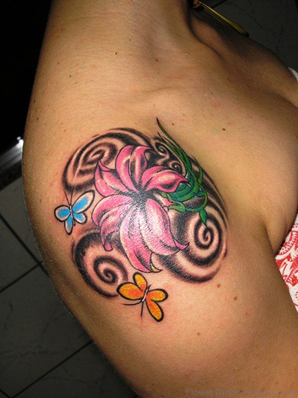 Front Flower Tattoo On Shoulder
