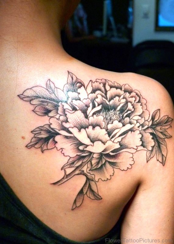 Grey And Black Flower Tattoo On Shoulder
