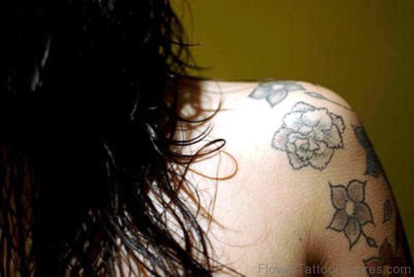 Grey Flower Tattoo On Girl Shoulder