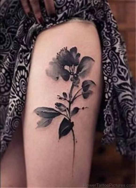 Grey Flowers Tattoo On Thigh