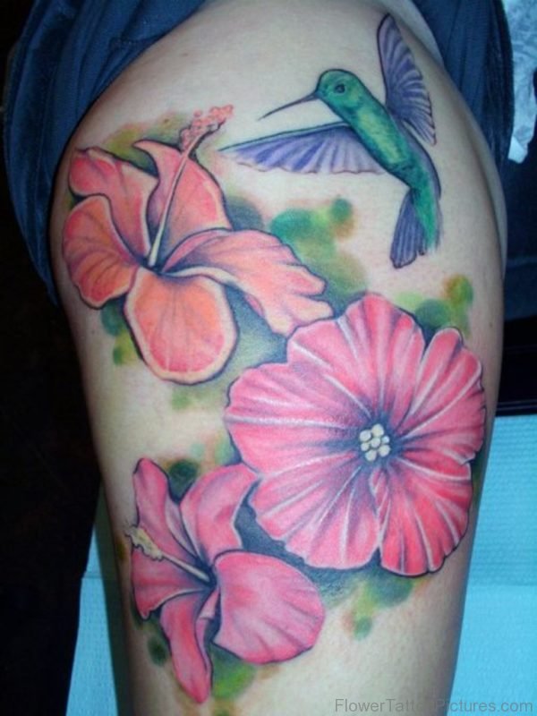 Hawaiian Flowers Thigh Tattoo