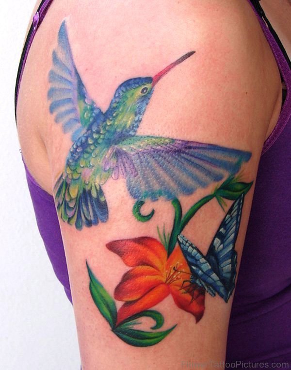 Hummingbird And Lily Tattoo On Shoulder