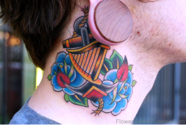 Impressive Blue Roses Tattoo On Neck