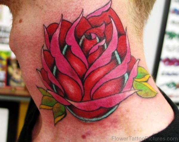 Impressive Pink Rose Tattoo On Neck