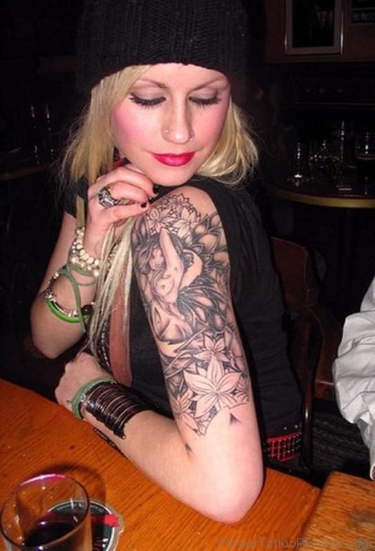 Lady And Flower Shoulder Tattoo On Shoulder