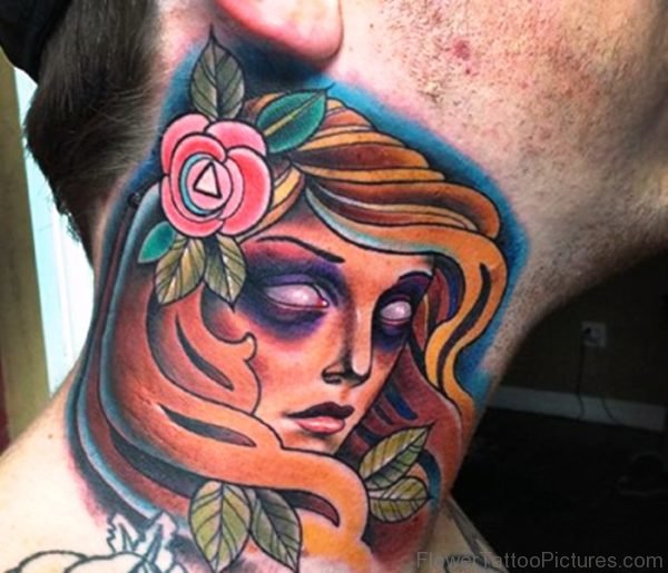 Lady With Rose Neck Tattoo