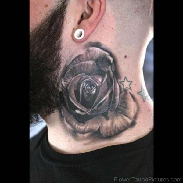 Large Black Rose Tattoo On Side Neck
