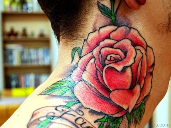 Large Rose Tattoo On Neck