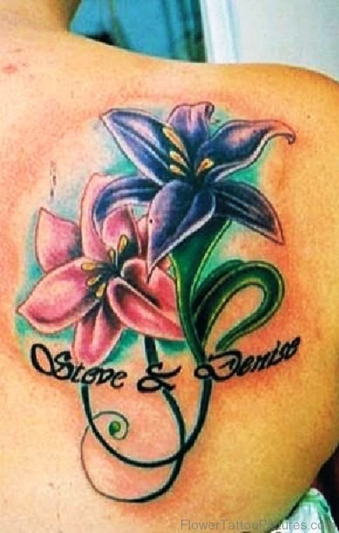 Lettering And Flower Tattoo On Shoulder