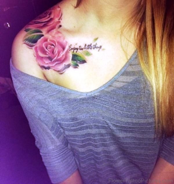 Light Pink Flower Tattoo On Shoulder