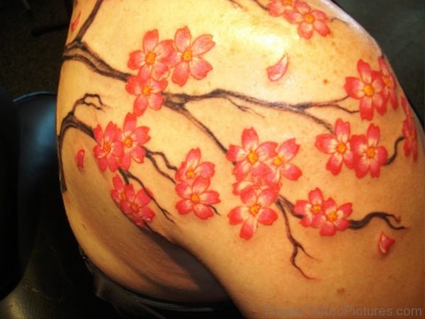 Lovely Red Color Cherry Blossom Tattoo Design