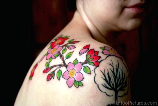 Nice Colorful Cherry Blossom Flower Tattoo