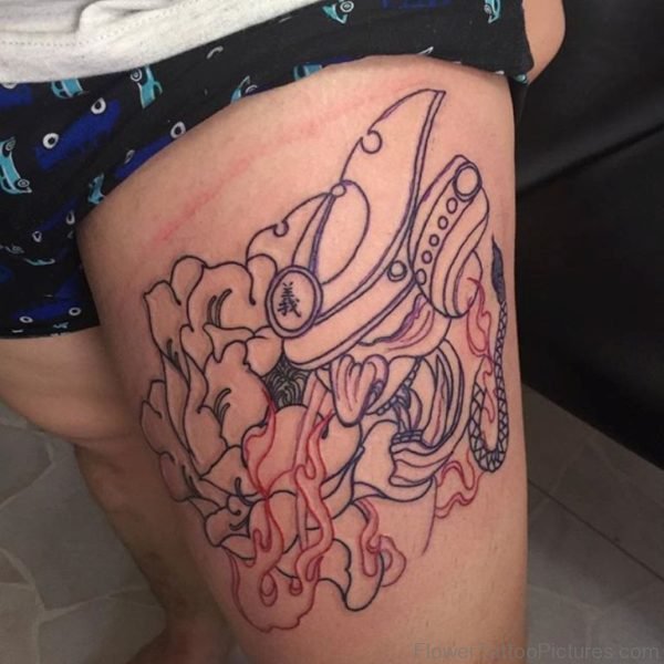 Outline Small Lotus And Names Tattoos For Thigh
