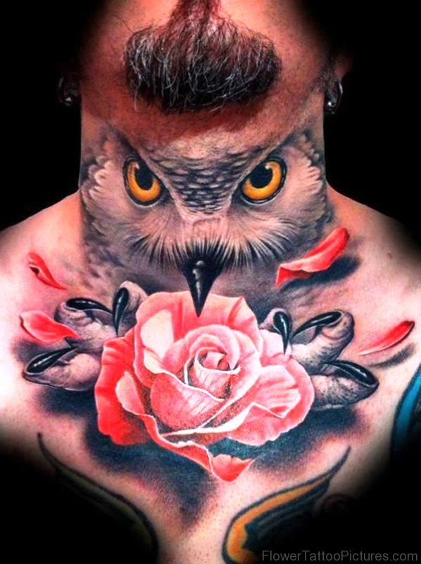 Owl And Rose Neck Tattoo