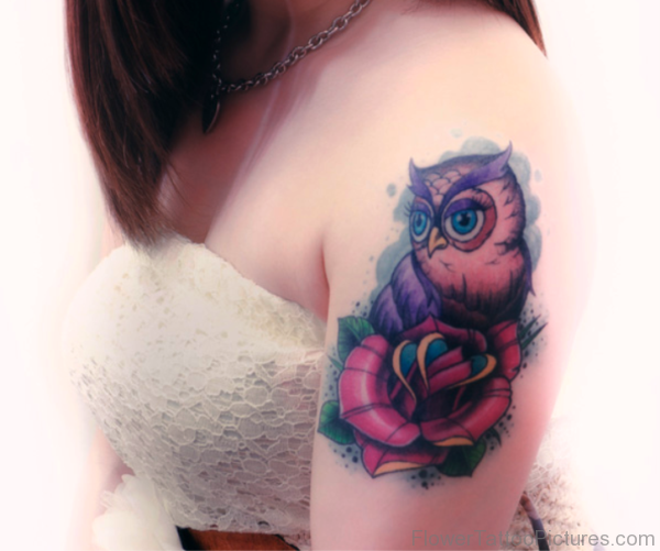Owl And Rose Tattoo On Left Shoulder