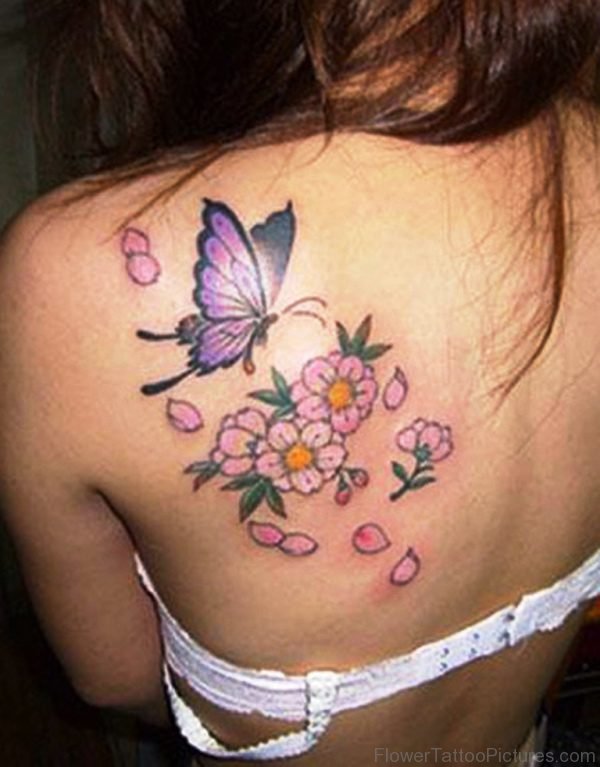 Pink Flowers Tattoo On Shoulder Back