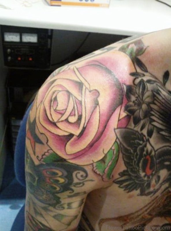 Pink Rose Tattoo On Shoulder