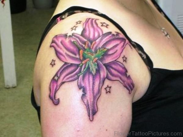Purple Lily Tattoo On Right Shoulder