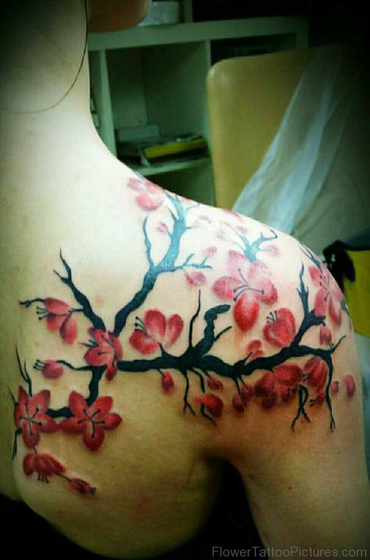 Red Cherry Blossom Flowers Tattoo