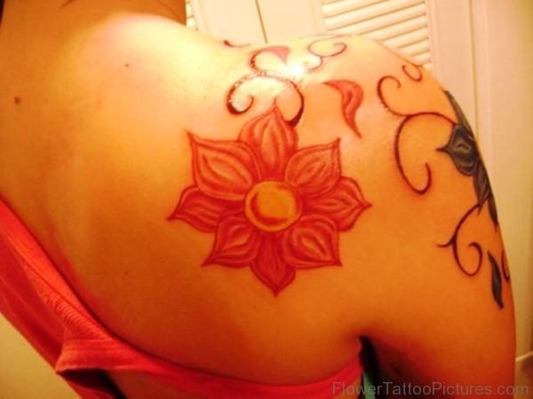 Red Color Flower Tattoo On Shoulder