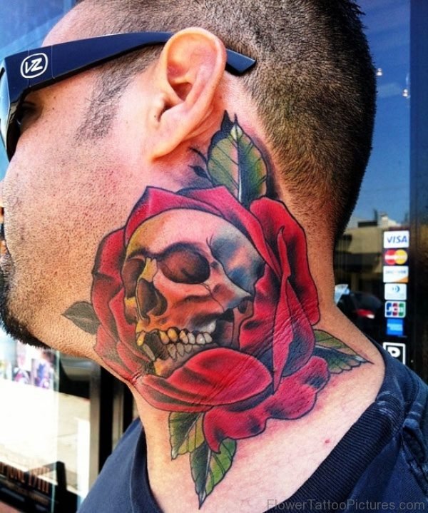 Red Colored Rose And Skull Tattoo On Neck