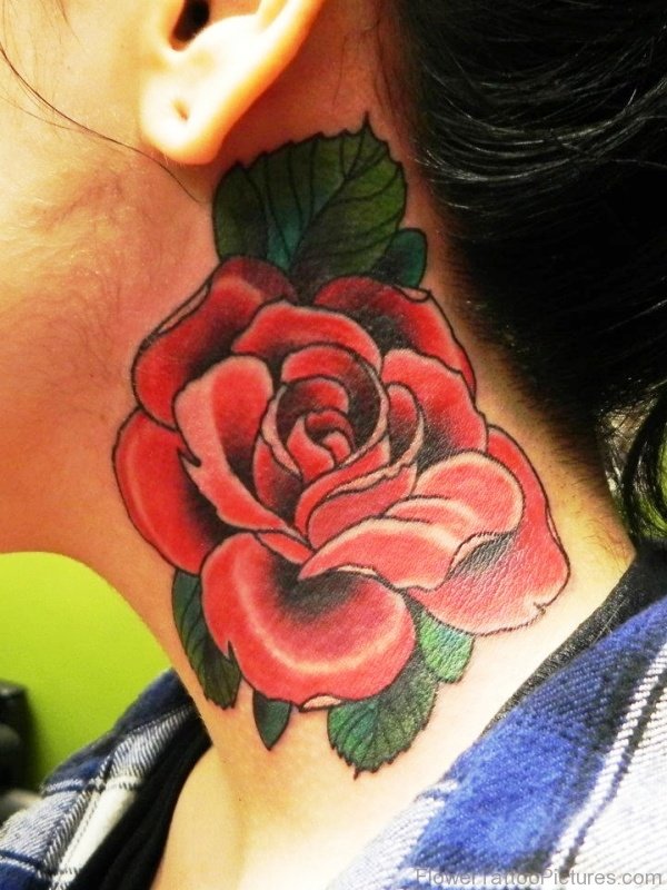 Red Colored Rose Tattoo On Neck