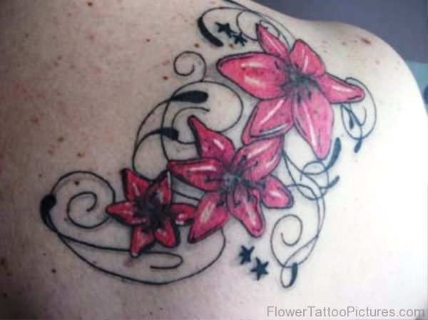 Red Flower Tattoo On On Shoulder