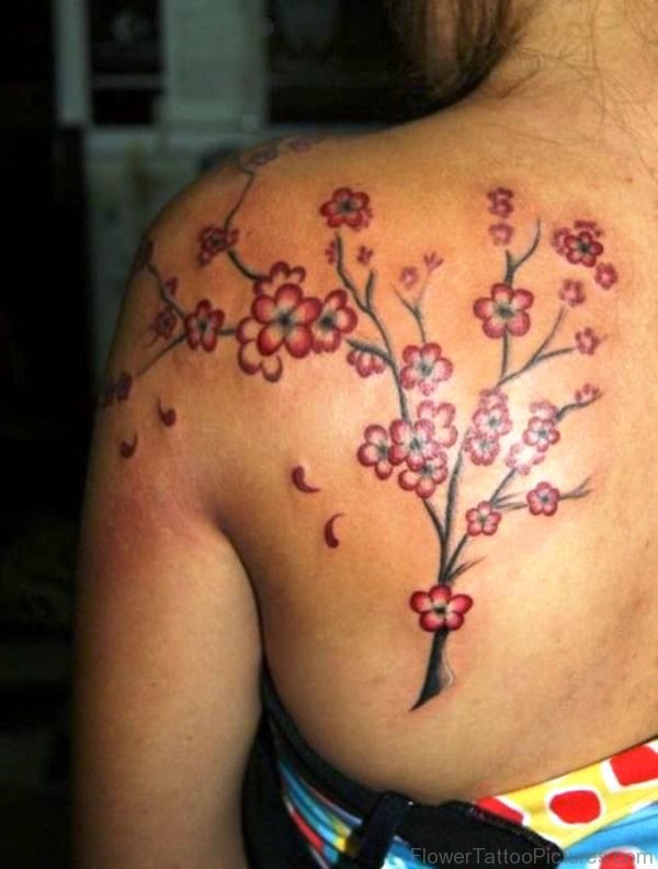 Red Flower Tree Tattoo On Shoulder Back