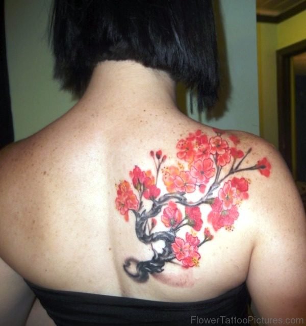 Red Flowers Tattoo On Shoulder Back
