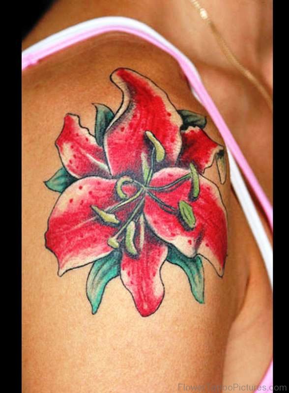 Red Lily Tattoo On Right Shoulder