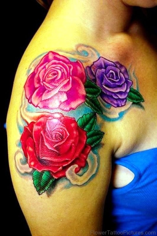 Red Pink And Magenta Flower Tattoo On Shoulder