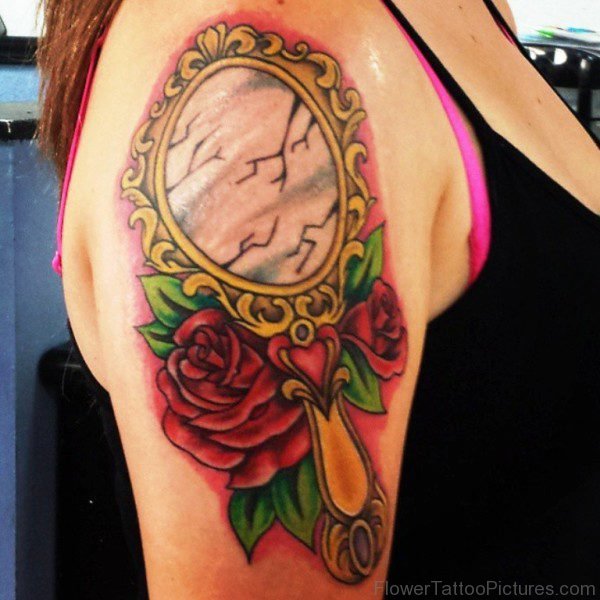 Red Rose Flower And Mirror Tattoo