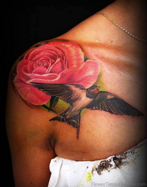 Red Rose Flower Tattoo On Shoulder