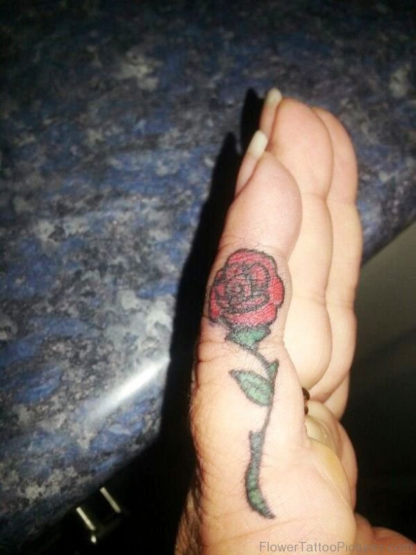Red Rose Tattoo On Finger