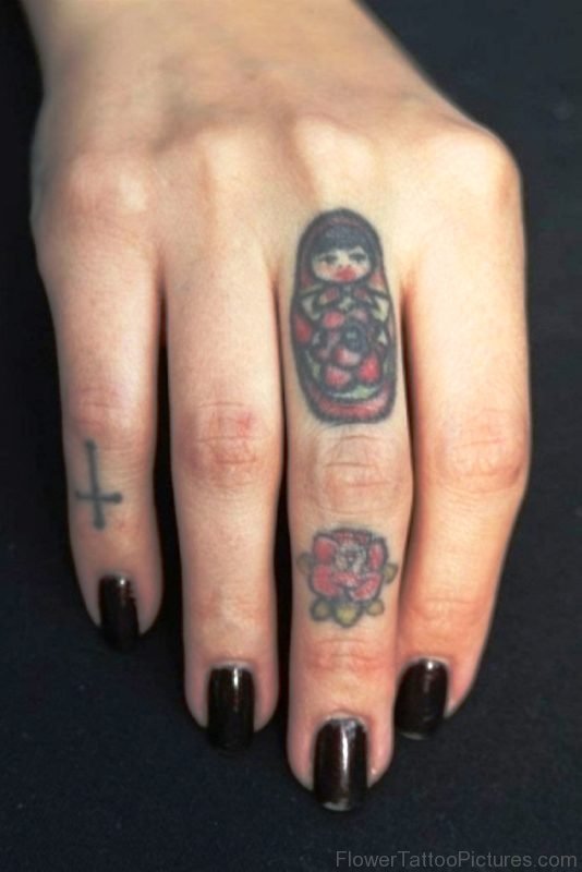 Red Rose Tattoo On Middle Finger
