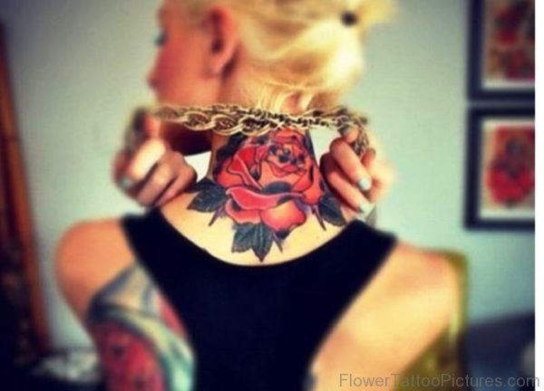 Red Rose Tattoo On Neck Back