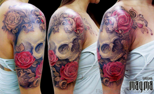 Red Roses And Skull Vintage Tattoo