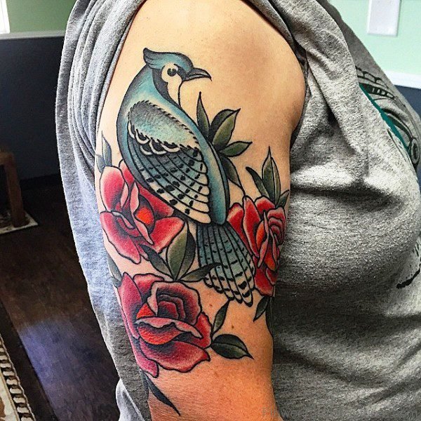 Rose And Blue Bird Tattoo