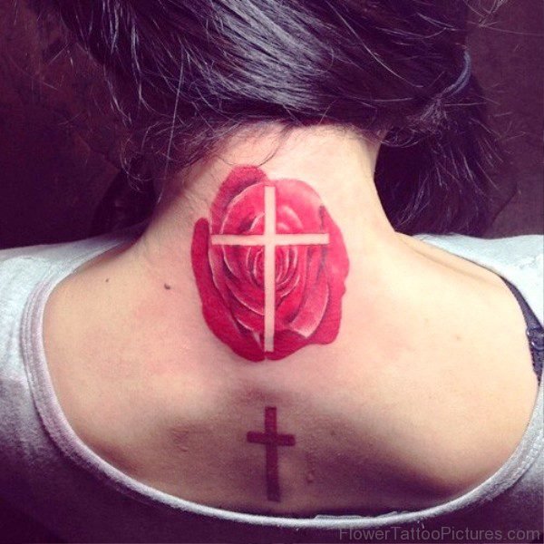 Rose And Cross Neck Tattoo